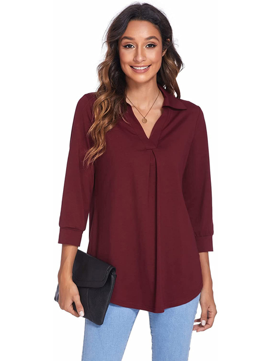 Spring%20flowers%20Women%20Loose%20Shirt,%20Adults%20Casual%20Solid%20Color%20V-neck%20Three-quarter%20Sleeve%20Pullover%20-%20Image%204