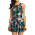 Women Swimwear Floral/Solid/Leaf/Leopard Print Removable Chest Pad Halter Neck Open Back One Piece Swimsuit. 