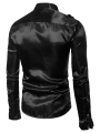 Canis-Men Satin Ruffle Shirts, Long Sleeve Stand Collar Solid Color Slim Fit Dress Shirt. 