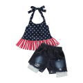 2 Pcs Infant Independence Day Outfits, Girls Tie-up Ruffled Star & Stripe Print Halter Tops + Ripped Jeans with Pockets. 