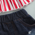 2 Pcs Infant Independence Day Outfits, Girls Tie-up Ruffled Star & Stripe Print Halter Tops + Ripped Jeans with Pockets. 