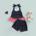 2 Pcs Infant Independence Day Outfits, Girls Tie-up Ruffled Star & Stripe Print Halter Tops + Ripped Jeans with Pockets. 