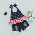 2 Pcs Infant Independence Day Outfits, Girls Tie-up Ruffled Star & Stripe Print Halter Tops + Ripped Jeans with Pockets. 
