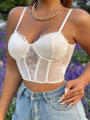 Women Tummy Control Tops, Lace Spaghetti Strap Low-Cut Sleeveless Crop Tops for Ladies, XS/S/M/L, White/Black. 