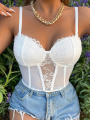 Women Tummy Control Tops, Lace Spaghetti Strap Low-Cut Sleeveless Crop Tops for Ladies, XS/S/M/L, White/Black. 