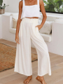 Eligible Women Ruffled Wide-leg Pants, Summer Casual Loose High Waist Solid Color Trousers. 