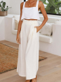 Eligible Women Ruffled Wide-leg Pants, Summer Casual Loose High Waist Solid Color Trousers. 