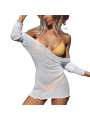 Jumperjuser-Women Bikini Cover Up Dress, Long Sleeve Knitted Plain Boat Neck Backless Beach Dress, Ladies Short Swimwear Cover-Up. 