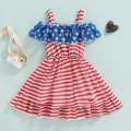 Kids Girls Independence Day Dress Stars Stripe Print Ruffles Sling Dress Toddler Summer Sleeveless Princess Dress. 