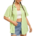 Jumperjuser-Women's Casual Blouse, Turn-Down Collar Short Sleeve Plaid Printed Cardigan Loose Button-Down Shirt.