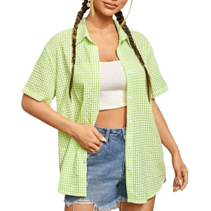 Jumperjuser-Women's%20Casual%20Blouse,%20Turn-Down%20Collar%20Short%20Sleeve%20Plaid%20Printed%20Cardigan%20Loose%20Button-Down%20Shirt%20-%20Image%202