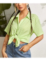 Jumperjuser-Women's Casual Blouse, Turn-Down Collar Short Sleeve Plaid Printed Cardigan Loose Button-Down Shirt.