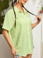 Jumperjuser-Women's Casual Blouse, Turn-Down Collar Short Sleeve Plaid Printed Cardigan Loose Button-Down Shirt.