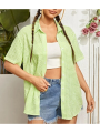 Jumperjuser-Women's Casual Blouse, Turn-Down Collar Short Sleeve Plaid Printed Cardigan Loose Button-Down Shirt.