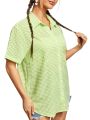 Jumperjuser-Women's Casual Blouse, Turn-Down Collar Short Sleeve Plaid Printed Cardigan Loose Button-Down Shirt.