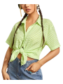 Jumperjuser-Women's Casual Blouse, Turn-Down Collar Short Sleeve Plaid Printed Cardigan Loose Button-Down Shirt.