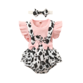 Baby Girls Three Pieces Clothes Outfit, Round Neck Fly Sleeve Tops + Milk Cow Printed Suspender Shorts + Headband. 