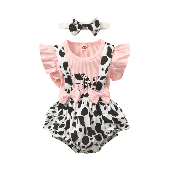 Baby%20Girls%20Three%20Pieces%20Clothes%20Outfit,%20Round%20Neck%20Fly%20Sleeve%20Tops%20+%20Milk%20Cow%20Printed%20Suspender%20Shorts%20+%20Headband%20-%20Image%202