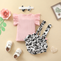 Baby Girls Three Pieces Clothes Outfit, Round Neck Fly Sleeve Tops + Milk Cow Printed Suspender Shorts + Headband. 