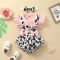 Baby Girls Three Pieces Clothes Outfit, Round Neck Fly Sleeve Tops + Milk Cow Printed Suspender Shorts + Headband. 