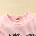 Baby Girls Three Pieces Clothes Outfit, Round Neck Fly Sleeve Tops + Milk Cow Printed Suspender Shorts + Headband. 