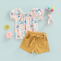 Eligible Two Piece Girl’s Clothes Set Fashion Flower Printed Short Sleeve T-shirt and Solid Color Shorts. 