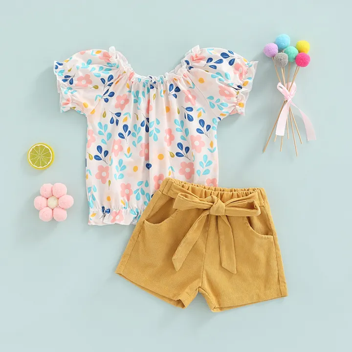 Eligible%20Two%20Piece%20Girl%E2%80%99s%20Clothes%20Set%20Fashion%20Flower%20Printed%20Short%20Sleeve%20T-shirt%20and%20Solid%20Color%20Shorts%20-%20Image%203