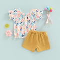 Eligible Two Piece Girl’s Clothes Set Fashion Flower Printed Short Sleeve T-shirt and Solid Color Shorts. 