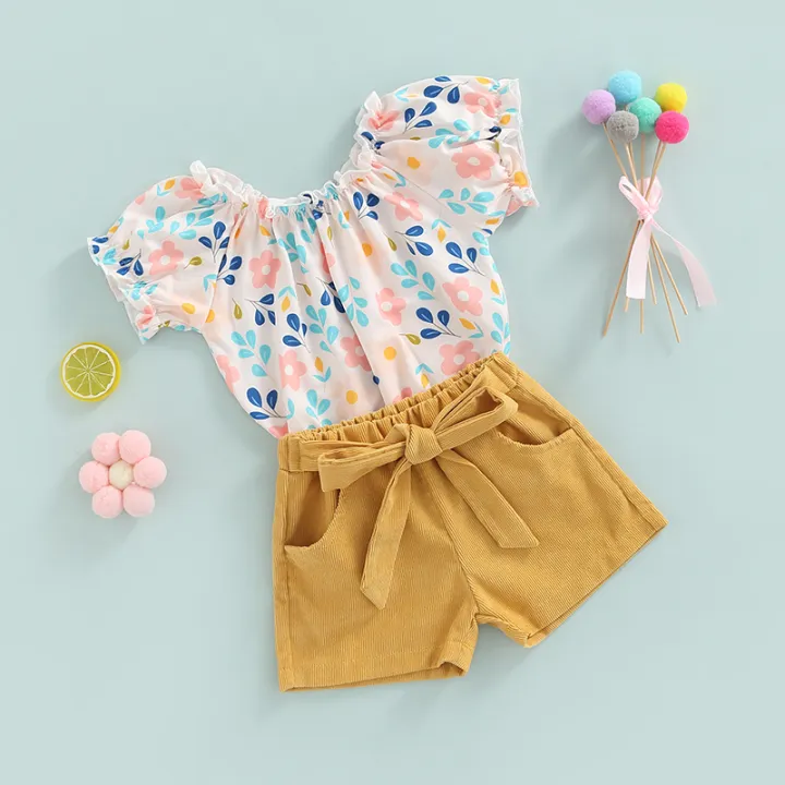 Eligible%20Two%20Piece%20Girl%E2%80%99s%20Clothes%20Set%20Fashion%20Flower%20Printed%20Short%20Sleeve%20T-shirt%20and%20Solid%20Color%20Shorts%20-%20Image%205