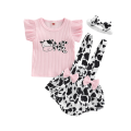 Baby Girls Three Pieces Clothes Outfit, Round Neck Fly Sleeve Tops + Milk Cow Printed Suspender Shorts + Headband. 