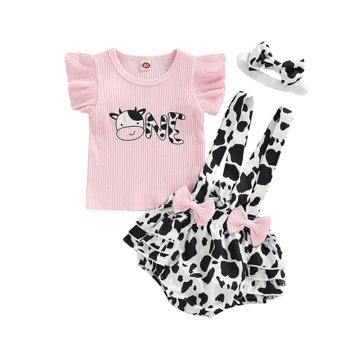 Baby%20Girls%20Three%20Pieces%20Clothes%20Outfit,%20Round%20Neck%20Fly%20Sleeve%20Tops%20+%20Milk%20Cow%20Printed%20Suspender%20Shorts%20+%20Headband%20-%20Image%208