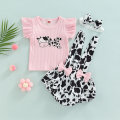 Baby Girls Three Pieces Clothes Outfit, Round Neck Fly Sleeve Tops + Milk Cow Printed Suspender Shorts + Headband. 