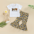Eligible Little Girls 2Pcs Outfits, Short Sleeve Pattern Letter Print Round Neck Pullover + Elastic Waist Sunflower Print Trousers. 