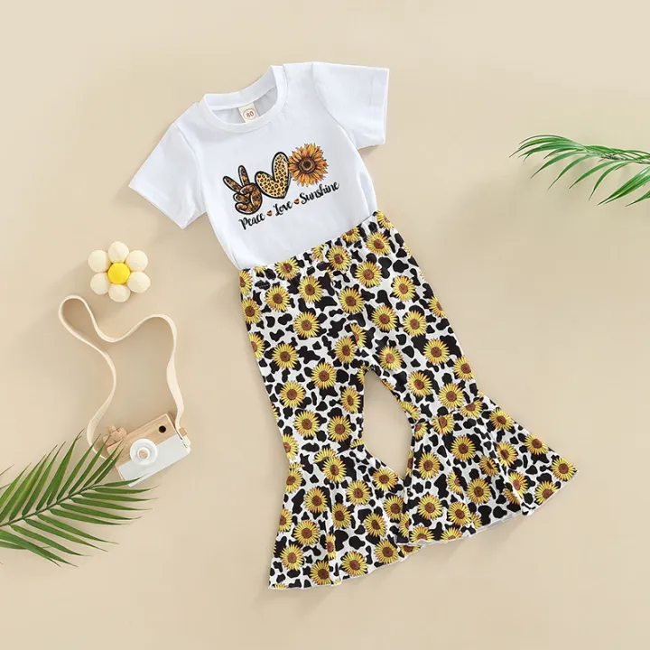 Eligible%20Little%20Girls%202Pcs%20Outfits,%20Short%20Sleeve%20Pattern%20Letter%20Print%20Round%20Neck%20Pullover%20+%20Elastic%20Waist%20Sunflower%20Print%20Trousers%20-%20Image%205