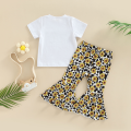 Eligible Little Girls 2Pcs Outfits, Short Sleeve Pattern Letter Print Round Neck Pullover + Elastic Waist Sunflower Print Trousers. 
