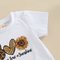 Eligible Little Girls 2Pcs Outfits, Short Sleeve Pattern Letter Print Round Neck Pullover + Elastic Waist Sunflower Print Trousers. 