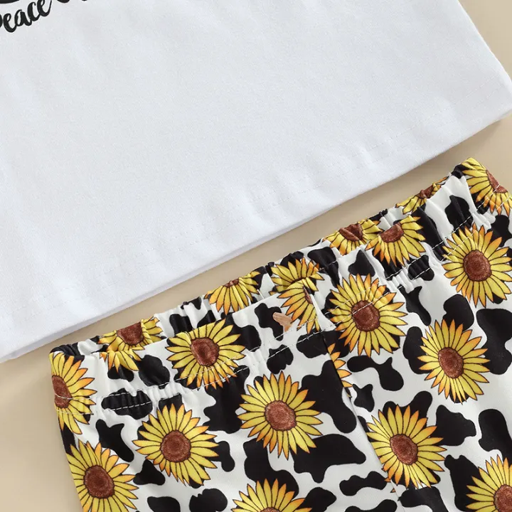 Eligible%20Little%20Girls%202Pcs%20Outfits,%20Short%20Sleeve%20Pattern%20Letter%20Print%20Round%20Neck%20Pullover%20+%20Elastic%20Waist%20Sunflower%20Print%20Trousers%20-%20Image%208