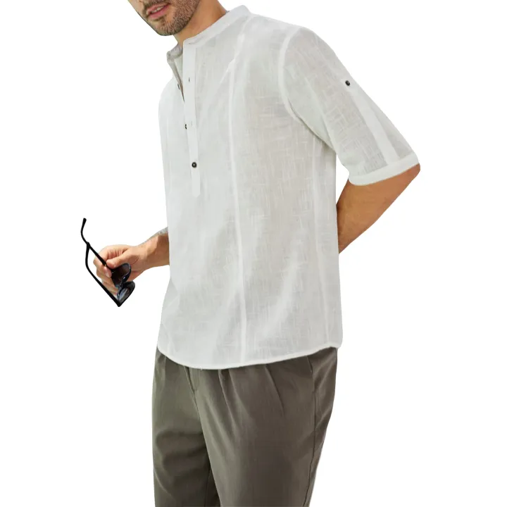 Canis-Men's%20Blouse,%20Half%20Button%20Stand%20Collar%20Elbow-Length%20Sleeve%20Casual%20Loose%20Pullover%20T-shirt%20for%20Male%20-%20Image%209