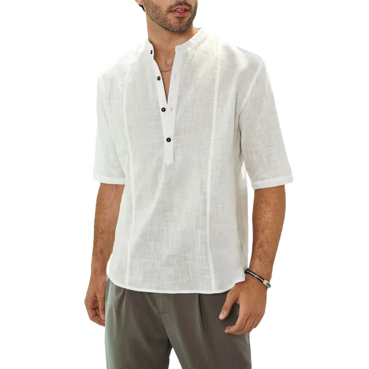 Canis-Men's%20Blouse,%20Half%20Button%20Stand%20Collar%20Elbow-Length%20Sleeve%20Casual%20Loose%20Pullover%20T-shirt%20for%20Male%20-%20Image%202