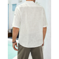 Canis-Men's Blouse, Half Button Stand Collar Elbow-Length Sleeve Casual Loose Pullover T-shirt for Male.