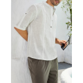 Canis-Men's Blouse, Half Button Stand Collar Elbow-Length Sleeve Casual Loose Pullover T-shirt for Male.