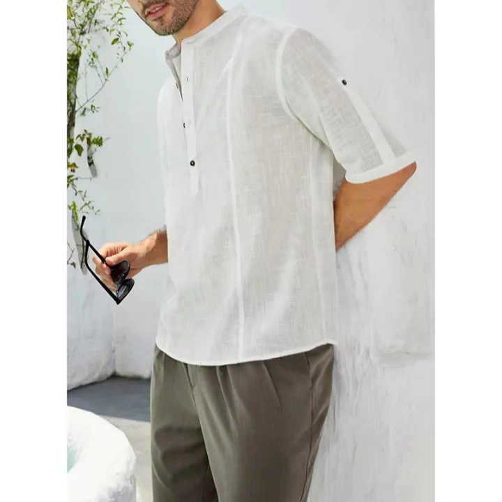 Canis-Men's%20Blouse,%20Half%20Button%20Stand%20Collar%20Elbow-Length%20Sleeve%20Casual%20Loose%20Pullover%20T-shirt%20for%20Male%20-%20Image%205