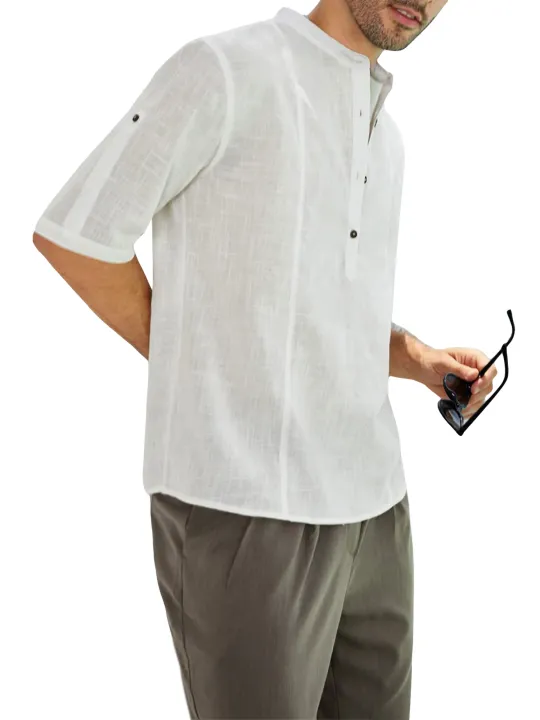 Canis-Men's%20Blouse,%20Half%20Button%20Stand%20Collar%20Elbow-Length%20Sleeve%20Casual%20Loose%20Pullover%20T-shirt%20for%20Male%20-%20Image%207