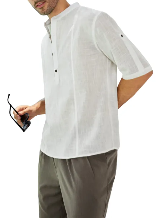 Canis-Men's%20Blouse,%20Half%20Button%20Stand%20Collar%20Elbow-Length%20Sleeve%20Casual%20Loose%20Pullover%20T-shirt%20for%20Male%20-%20Image%206