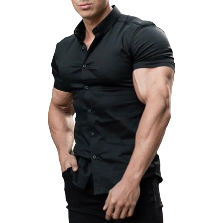 Canis-Men%20Casual%20Shirt,%20Solid%20Color%20Short%20Sleeve%20Lapel%20Neck%20Slim%20Fit%20Button-Down%20Leisure%20Tops%20-%20Image%209
