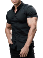Canis-Men Casual Shirt, Solid Color Short Sleeve Lapel Neck Slim Fit Button-Down Leisure Tops. 
