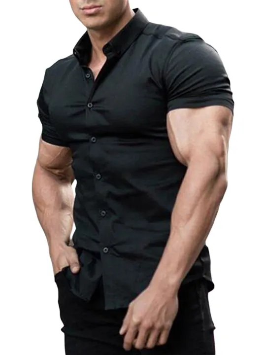 Canis-Men%20Casual%20Shirt,%20Solid%20Color%20Short%20Sleeve%20Lapel%20Neck%20Slim%20Fit%20Button-Down%20Leisure%20Tops%20-%20Image%206