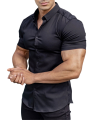 Canis-Men Casual Shirt, Solid Color Short Sleeve Lapel Neck Slim Fit Button-Down Leisure Tops. 