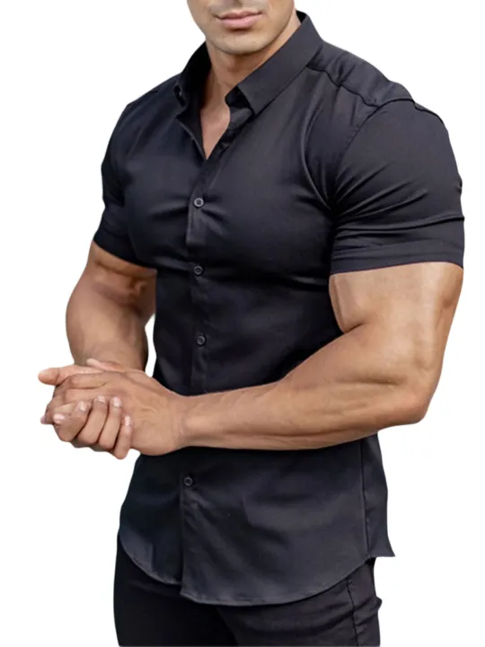 Canis-Men%20Casual%20Shirt,%20Solid%20Color%20Short%20Sleeve%20Lapel%20Neck%20Slim%20Fit%20Button-Down%20Leisure%20Tops%20-%20Image%207