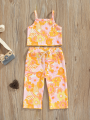 Kids Girl Tanks Tops + Pants, Floral Print Elastic Waist Drawstring Pocket Decoration Summer Clothing. 